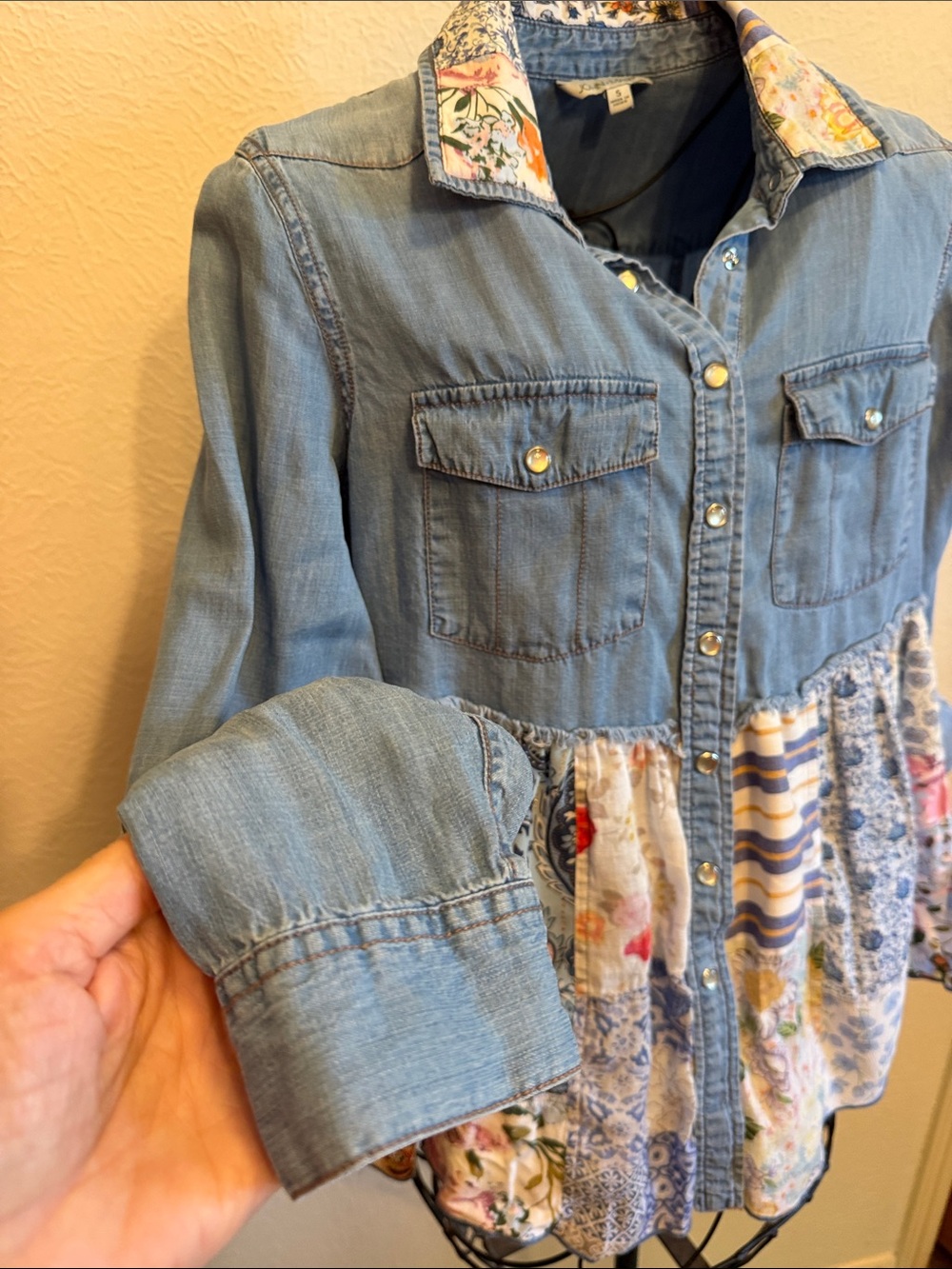 ๐๐๐BOGOHO๐๐๐John Mark Blue Denim Patchwork Button-Down Top-S - Picture 9 of 16